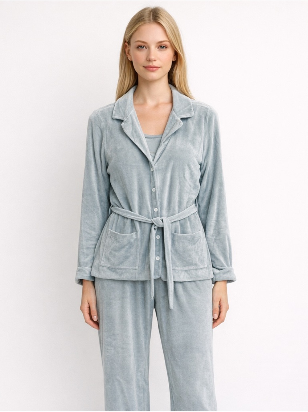 Lalide à Paris Claire Lounge‎ Set Pajamas Size Medium Blue Terry Cloth Velour